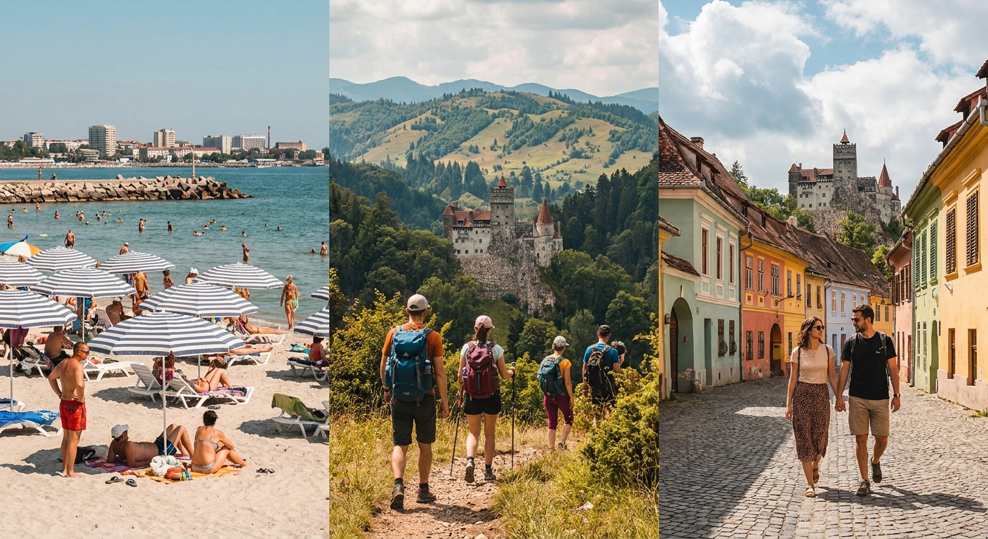 Triptych: crowded sunny beach with striped umbrellas, a mid-day scene of sunbathers and swimmers, a mountain hike toward a medieval castle; a pastel-colored historic town street with a couple walking hand in hand.
