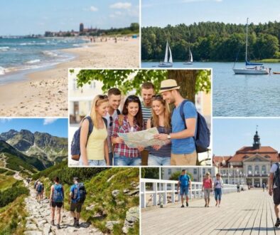 Collage of travel scenes: beach, lake with sailboats, forested mountains with hikers, a group of friends reading a map, and a waterfront town boardwalk.