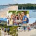 Collage of travel scenes: beach, lake with sailboats, forested mountains with hikers, a group of friends reading a map, and a waterfront town boardwalk.