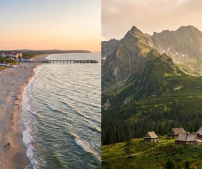 Split image: left side shows a sandy beach town at sunset with a pier and calm sea, right side shows a rugged mountain valley with wooden houses.