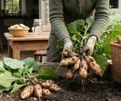 Gardener in gloves harvests soil-covered potatoes from a raised bed with a basket of potatoes nearby.