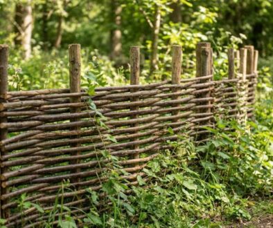 Woven wooden fence along a sunlit forest path, with plants growing at its base and in the background greenery.