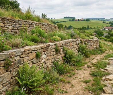 Stone tiered dry-stone wall with flowering plants along a dirt path in a rural hills landscape.