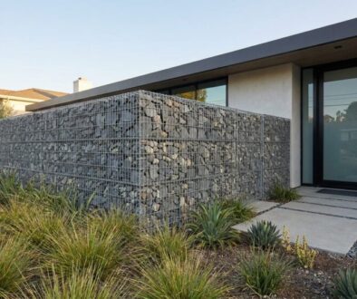 Modern house entry with a tall gabion stone wall, concrete stepping stones, and drought-tolerant plants in the front yard.