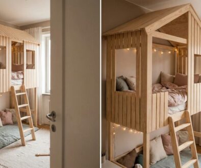 Wooden loft bunk bed shaped like a small house with a ladder, string lights, and a cozy seating area underneath in a bright kids’ room.