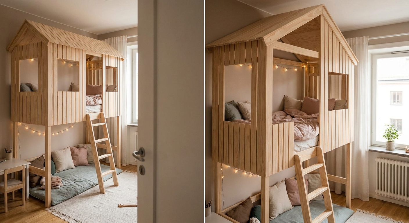 Wooden loft bunk bed shaped like a small house with a ladder, string lights, and a cozy seating area underneath in a bright kids’ room.