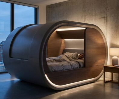 Futuristic oval bedroom pod with a bed inside, warm lighting, beside a wooden nightstand and lamp in a high-rise room overlooking a city skyline.