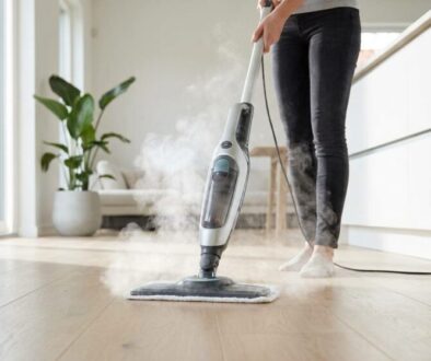 Person using a steam mop to clean a bright wooden floor in a modern kitchen/living space, steam rising from the mop head.