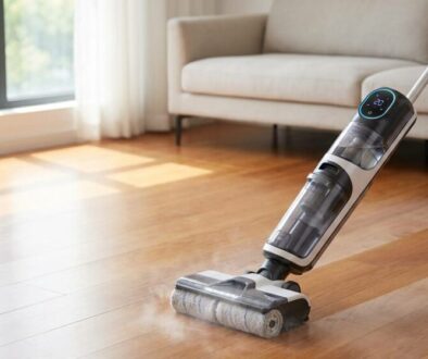 Person using a cordless stick vacuum to clean a wooden floor in a bright living room with a sofa in the background.