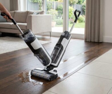 Person using a cordless vacuum to clean a wet spill on the wooden floor in a bright living room, near a sofa.