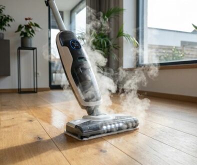 Steam mop in use on a wooden floor, releasing steam as it cleans a modern living room with plants and large windows