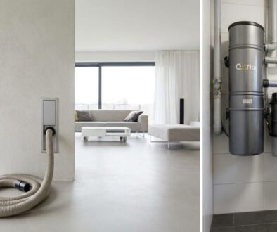 Left panel: Wall inlet for a central vacuum with a coiled hose in a bright, open living area. Right panel: Central vacuum canisters mounted on tiled wall beside a washing machine in a utility area.
