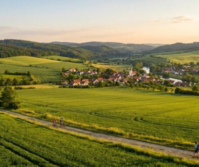 Sunset over rolling green fields with a small village of red-roofed houses and a winding river nearby.