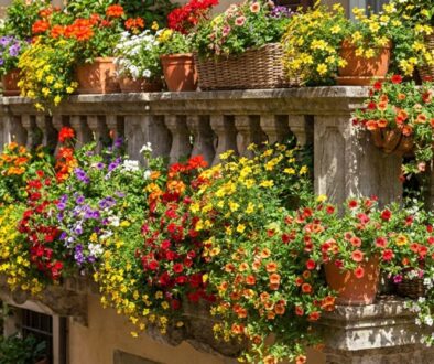 Colorful flower-filled balcony railing with potted plants and hanging baskets along a stone balustrade in bright sunlight.