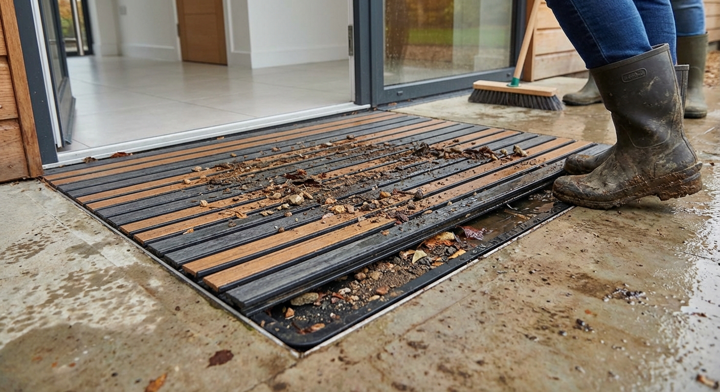 Front view of a modern glass building entrance featuring double doors and sleek design elements.