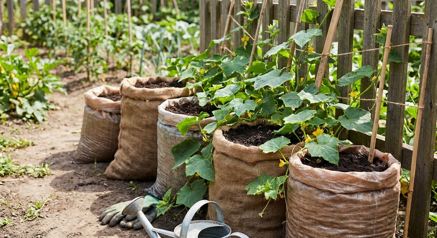 Row of burlap grow bags filled with soil and cucumber vines climbing a wooden fence; a pair of gloves and a trowel resting on the ground nearby.