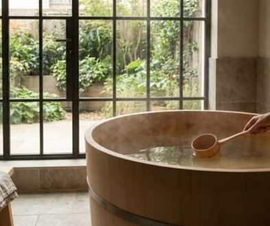 Indoor wooden soaking tub with steam; a hand uses a wooden ladle to stir the water, next to a towel and mug by a bench, with large glass doors opening to a garden.