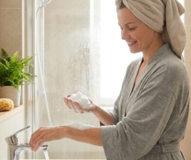 Smiling woman with a towel on her head and a gray robe, washing foamy soap from her hands at a bright bathroom sink.