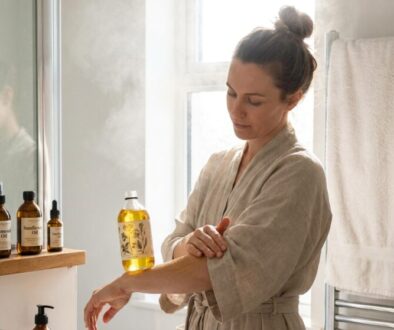 Woman in a beige bathrobe applies oil to her forearm in a bright bathroom; bottles of oil line a wooden shelf nearby.