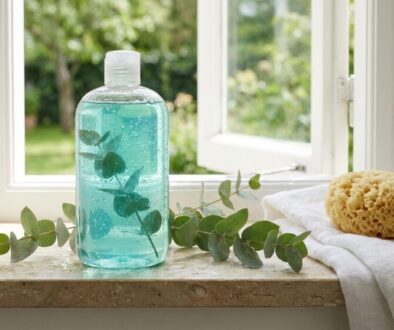 Blue liquid soap bottle with eucalyptus sprigs on a windowsill, sponge and white towel nearby.