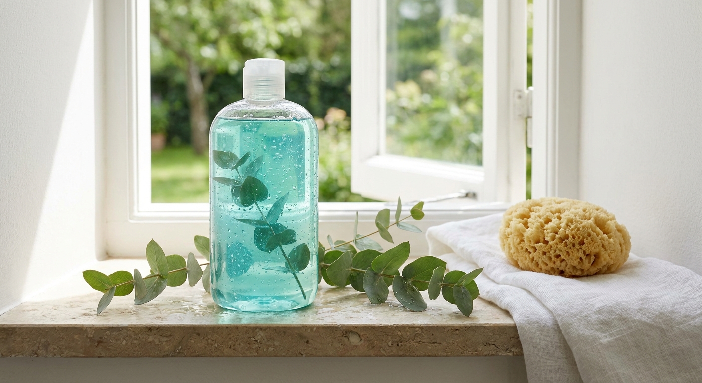 Blue liquid soap bottle with eucalyptus sprigs on a windowsill, sponge and white towel nearby.