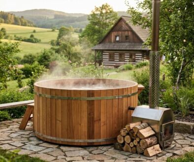 Round wooden hot tub steaming in a garden, with a wood-burning heater and stacked firewood nearby.