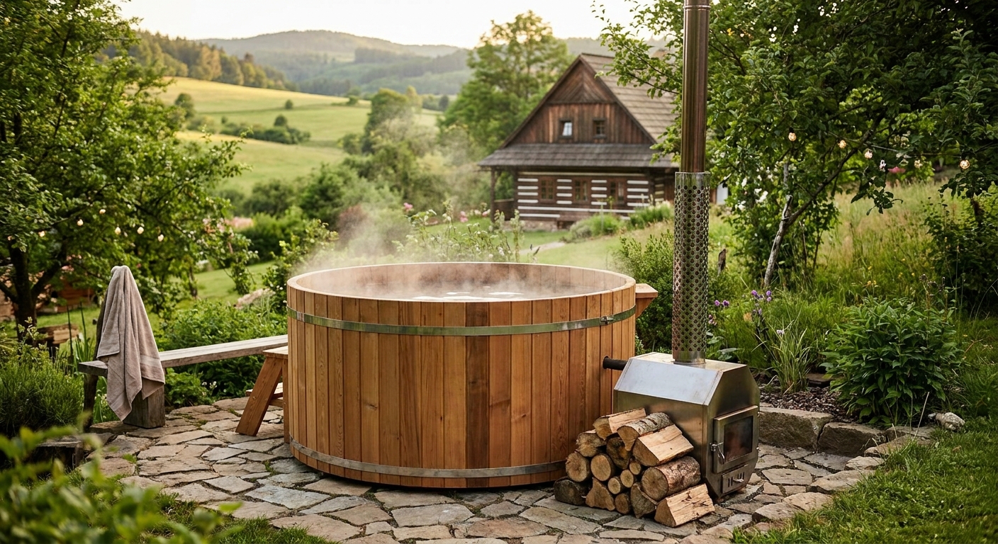 Round wooden hot tub steaming in a garden, with a wood-burning heater and stacked firewood nearby.
