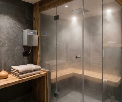 Modern spa bathroom with a glass-enclosed sauna, wooden benches, and dark stone walls; towels and essential oils on a wooden counter.
