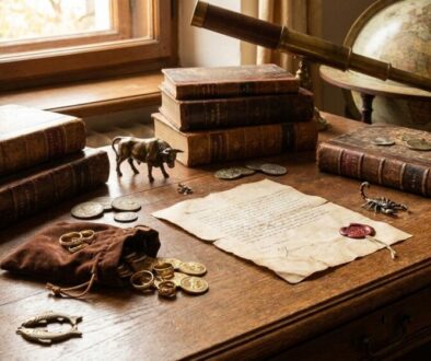Antique study scene: a wooden desk with leather-bound books, scattered coins and a pouch of jewelry beside a parchment document, with a globe and telescope in the background.
