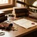 Antique study scene: a wooden desk with leather-bound books, scattered coins and a pouch of jewelry beside a parchment document, with a globe and telescope in the background.