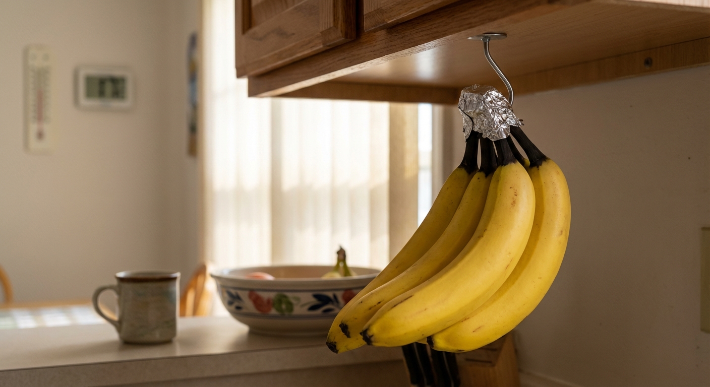 A bunch of ripe yellow bananas hanging outdoors, providing an organic, tropical feel.