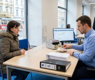 Bank teller counts cash at a desk with a computer monitor while a customer in a winter coat sits opposite; another colleague stands in the background near a window.