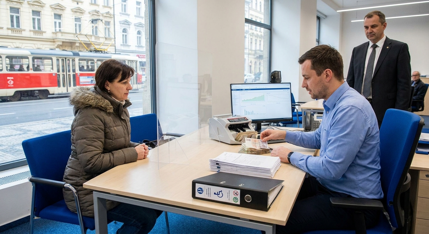 Bank teller counts cash at a desk with a computer monitor while a customer in a winter coat sits opposite; another colleague stands in the background near a window.