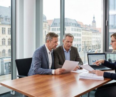 Three professionals in a meeting at a wood table, reviewing documents with a laptop showing charts, in a bright office with city buildings outside.