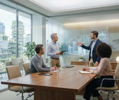 Team in a glass-walled conference room watches a presenter explain charts on a large digital display. Outside, city skyscrapers are visible through the windows.