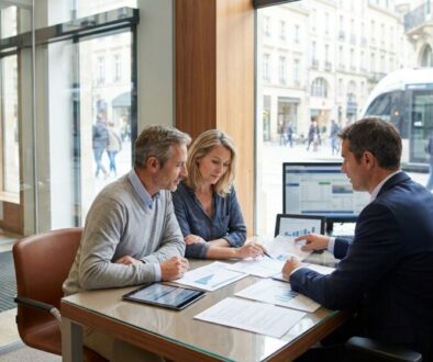 Three professionals sit around a glass desk in a bright office, reviewing charts and papers as a city street and tram are visible outside the window.