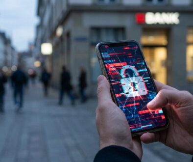 Close-up of a smartphone showing a cracked padlock graphic, symbolizing a cybersecurity breach in a city street with a bank in the background, blurred.
