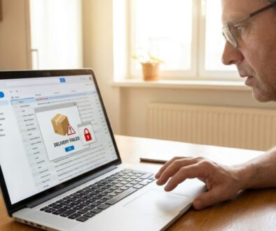 Man with glasses sits at a wooden table using a laptop; the screen shows an email inbox with a 'Delivery Failed' alert pop-up.