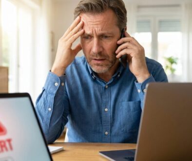 Man at a desk with two laptops, holding a phone to his ear and looking stressed as a red alert icon appears on the left screen.