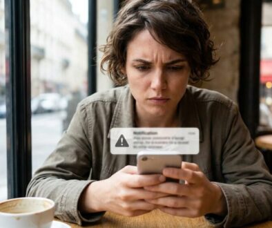Young woman sits at a cafe table, focused on her phone as a notification pops up behind the screen.