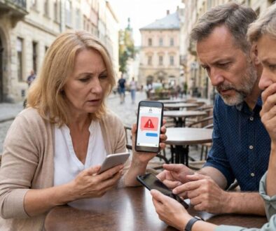 Three adults at an outdoor cafe examining smartphones, the woman showing her phone with a red alert icon on screen.