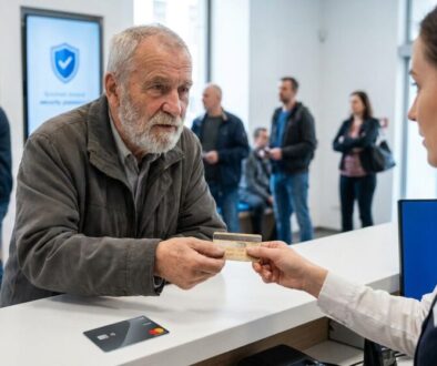 Older man hands a card to a teller at a service desk, with a card reader on the counter and customers waiting in the background.