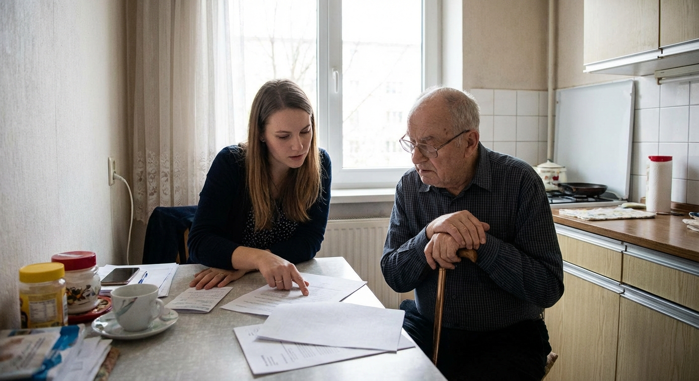 An elderly woman being assisted by a caregiver in a nursing home setting.