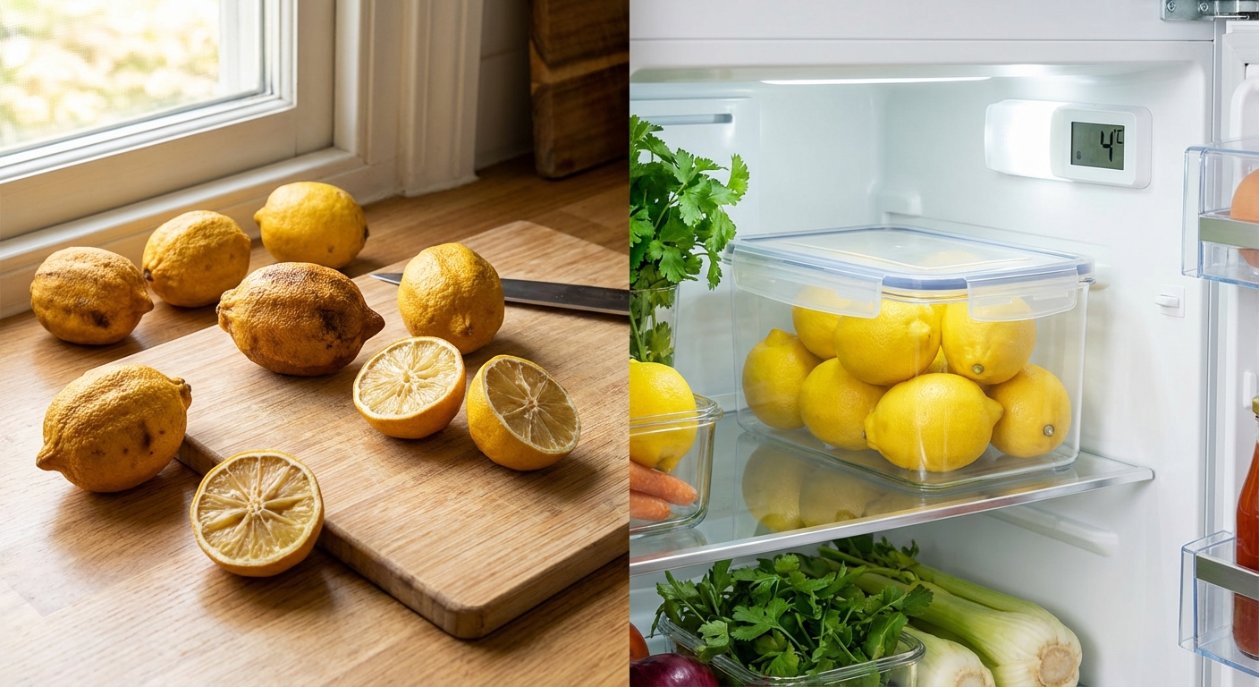 A variety of fresh fruits and vegetables including avocados, lemons, strawberries, and lettuce in a fridge drawer.