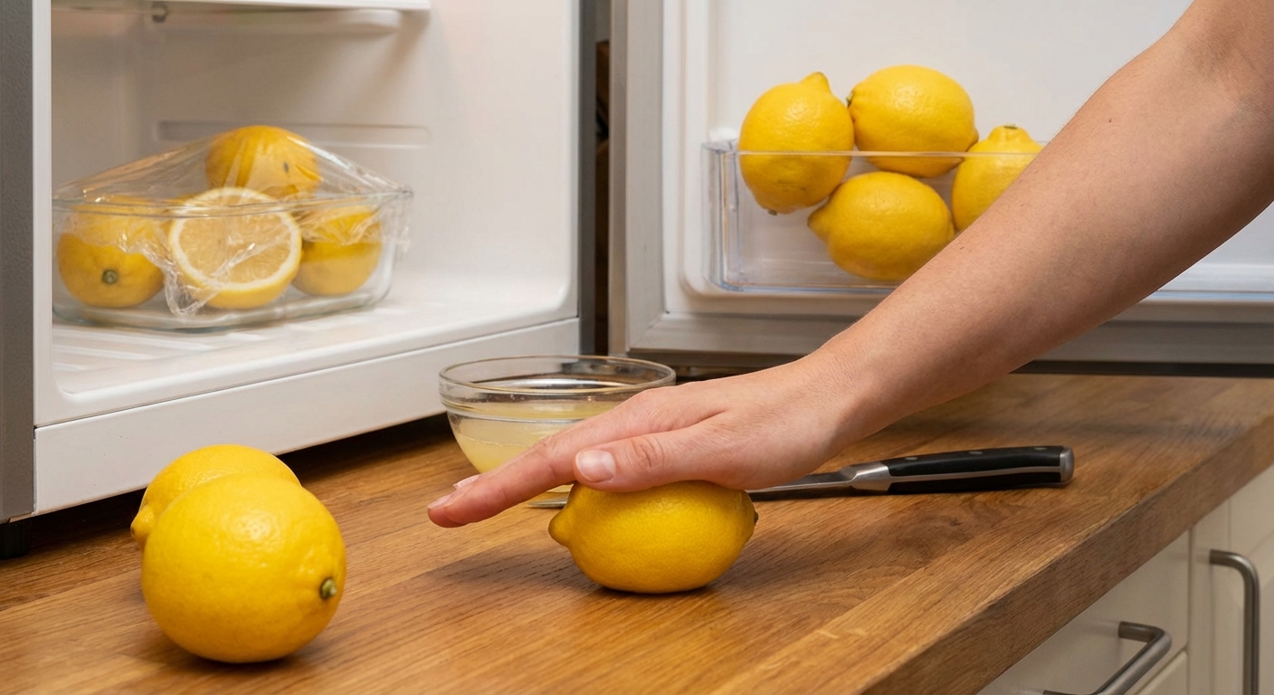 A vibrant lemon, freshly cut in half, placed on a kitchen windowsill offering a sunny, fresh vibe.