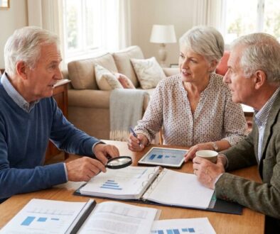 Three older adults review financial documents at a wooden table in a bright living room, with charts and a tablet nearby.