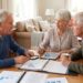 Three older adults review financial documents at a wooden table in a bright living room, with charts and a tablet nearby.