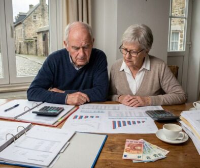 Elderly couple at a dining table reviewing financial documents, with charts, a calculator, and a binder spread out between them.
