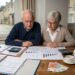 Elderly couple at a dining table reviewing financial documents, with charts, a calculator, and a binder spread out between them.