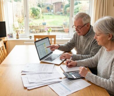Older couple at a wooden dining table reviewing documents with a laptop and calculator, indoors by a large garden window.